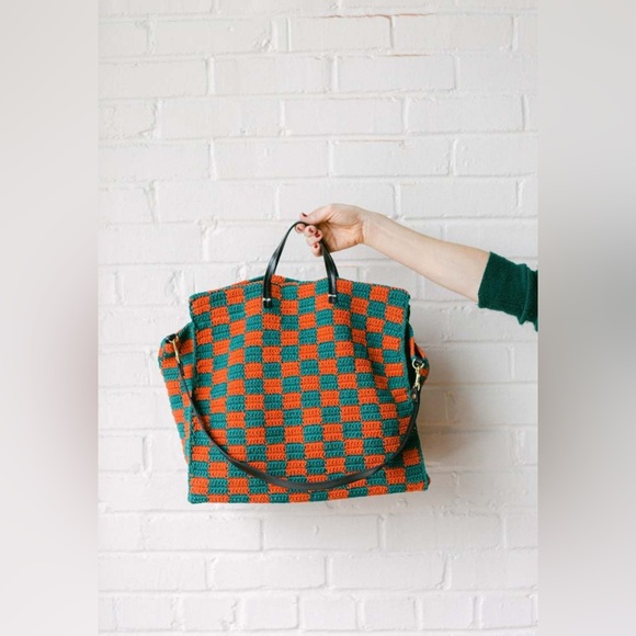 Clare V Red Green Checker Summer Simple Tote Bag Shoulder Strap Like New - Picture 16 of 16